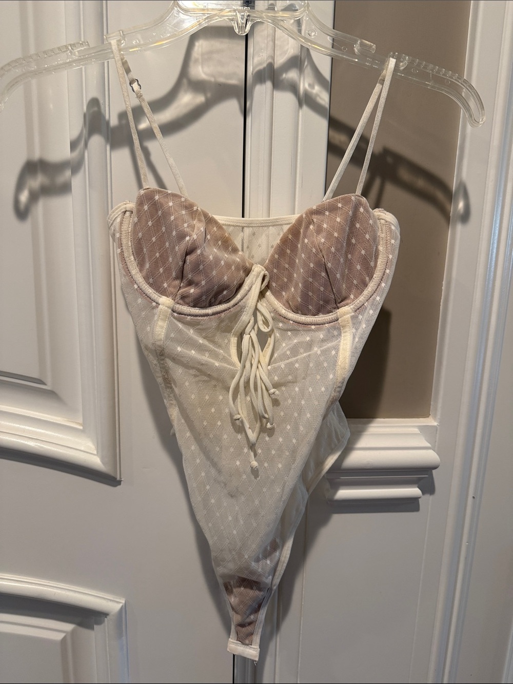 Cream Lace-Trimmed Bustier Teddy with NudeCups